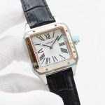 Replica Cartier Santos Automatic Watch White Dial Black Leather Strap Rose Gold Bezel